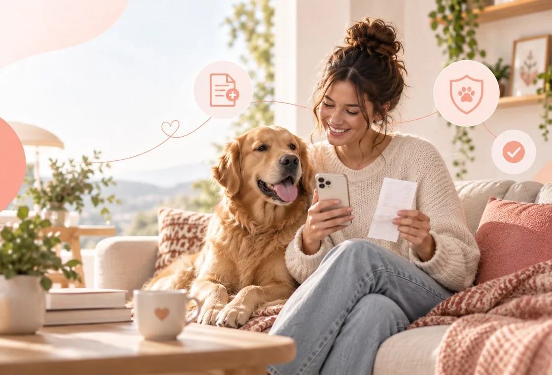 Owner checking a phone and paper while sitting beside a dog